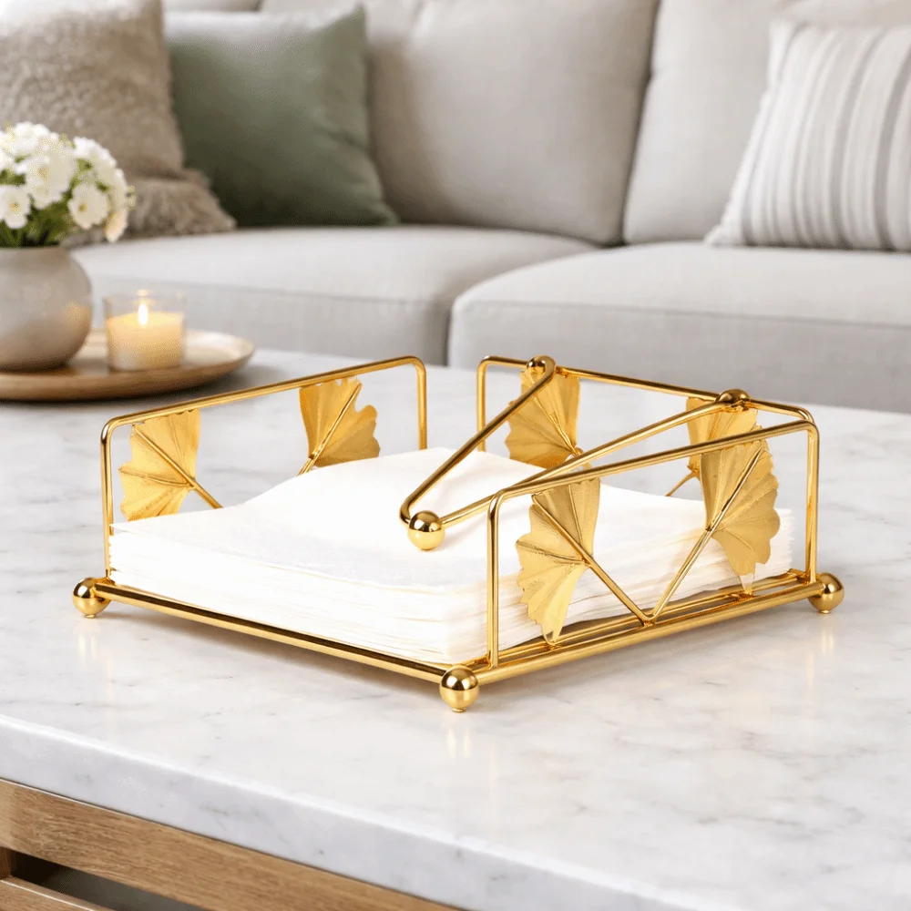 

Modern Vintage Napkin Holder Ginkgo Pattern Hollow Out Napkin Tray Square Napkin Box Countertop Use