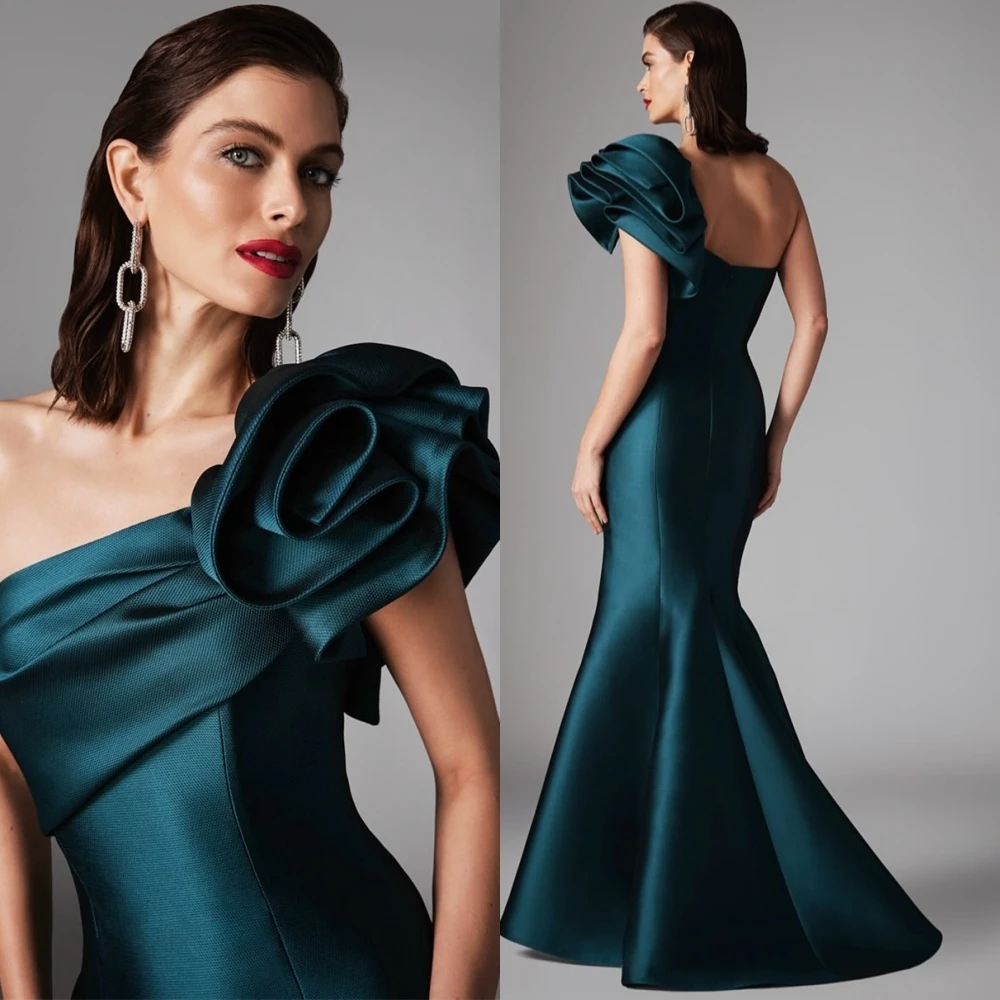 

Customized Simple Satin Mermaid Evening Dress Simple One Shoulder Prom Dresses High Quality Flowers Special Occasion Gowns