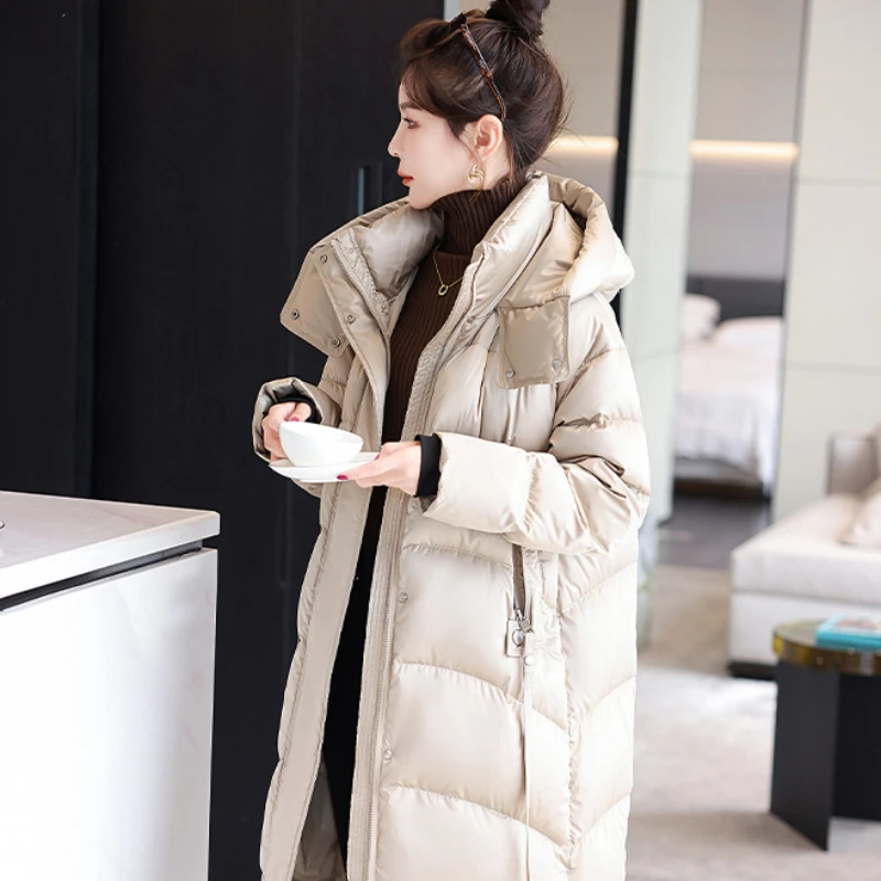 White Goose Down Jacket for Women, Long Hooded Design, Temperament Knee, Leisure Parkas, Winter Fashion, New, 2024, 90