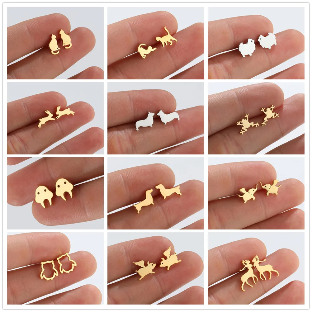 Chirurgische Stahl ohrring Tier ohrringe für Mädchen kleine Katze Hund Frosch Hirsch Pinguin Ohr stecker Mini Schmuck Geschenk Orecchini ein Lobo