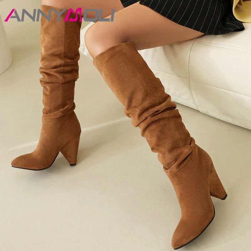 ANNYMOLI Women Over-the-Knee Long Boots Pointed Toe Thick High Heels Pleated Gogo Boot Ladies Fashion Shoes Winter Beige Gray 43