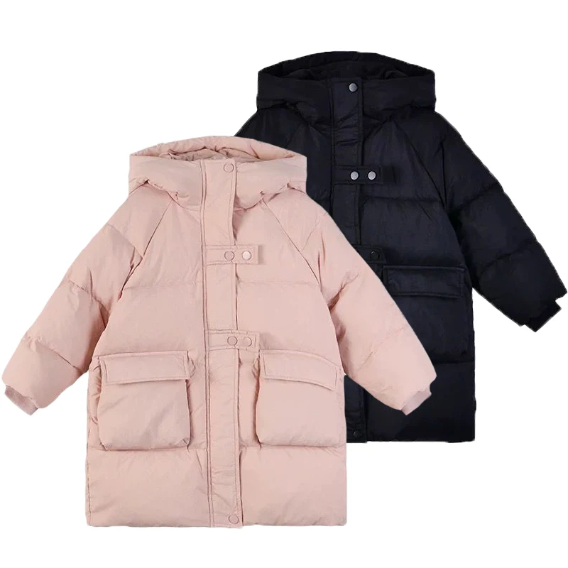 Lange Stil Teen Mädchen Jacke Winter Neue Einfarbig Dicke Warme Mit Kapuze Zipper Windjacke Für 3-12 Jahre Mädchen baumwolle Daunen Mantel