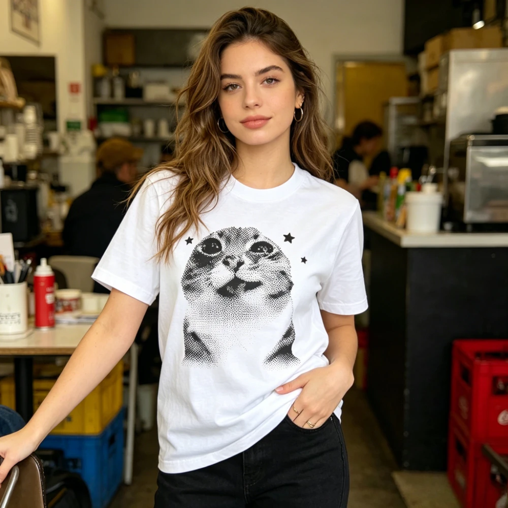 Women Cute Meme Cat Graphic T-Shirt Retro Halftone Style Crying Cat Print Casual Tee Y2K Aesthetic Short Sleeve Cotton Tops
