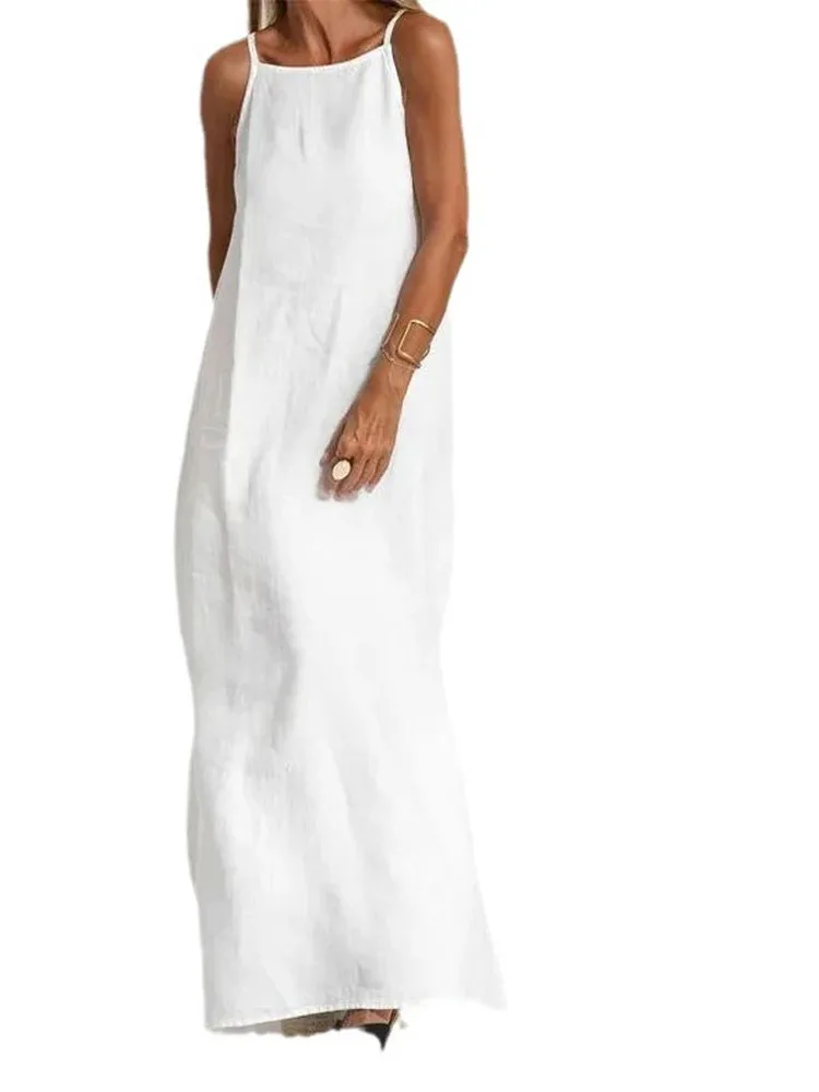 Mulheres algodão linho lado split longo deslizamento vestido verão senhora sem alças cor sólida vestidos de festa de férias branco moda feminina 8o7k