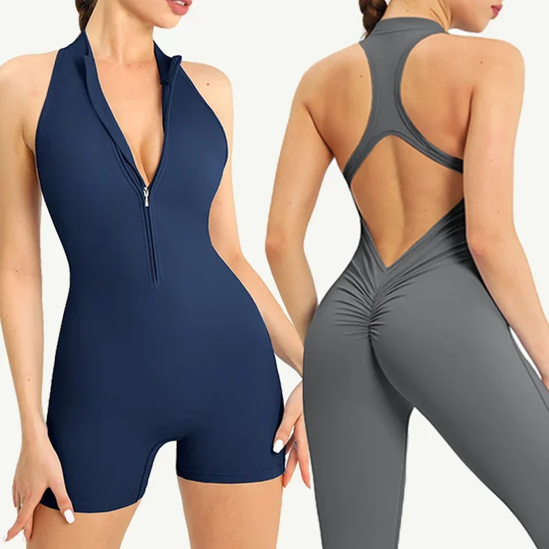 Sports Overalls Women Yoga Set Short Jumpsuit Gym Tracksuit Women's Sports Suit Fitness Scrunch Zipper Workout Bodysuit Female