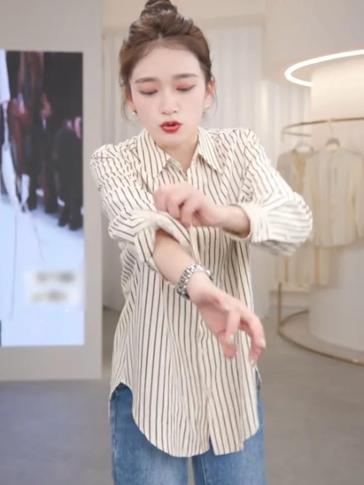 スリムフィット ロング丈 ストライプ柄 通勤用 シフォン トップス レディース ファッション 日焼け防止服 春 2024