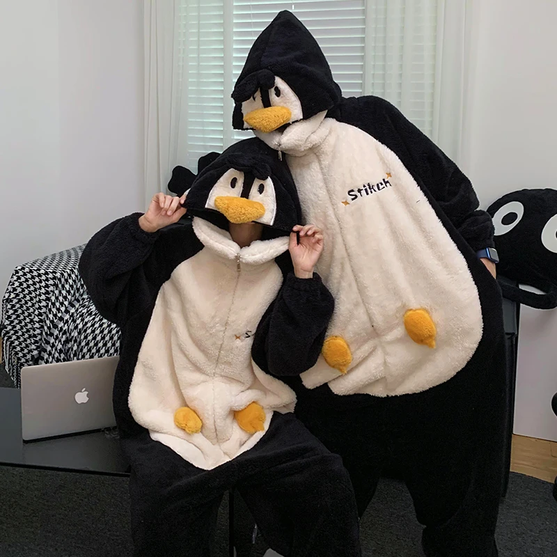 Kigurumis Penguin Couples Pajamas Jumpsuits Women Men Sleepwear Lovely Winter Thicken Hooded Pyjamas Coral velvet Loose Onesie