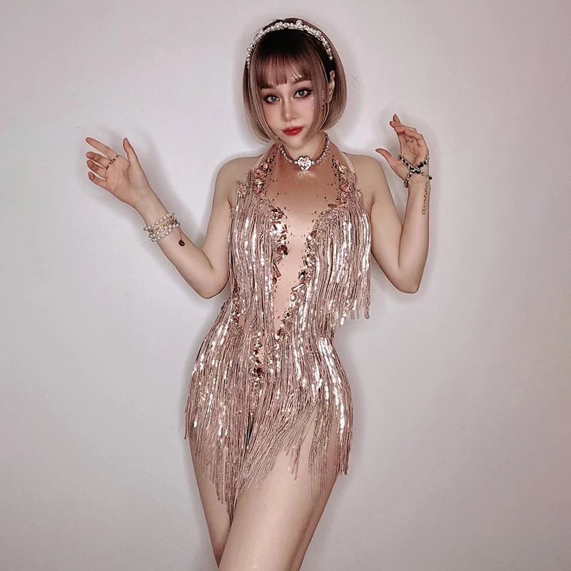 White tassel connected steel pipe jazz Latin cha dance costume party sparkling diamond belly performance costume