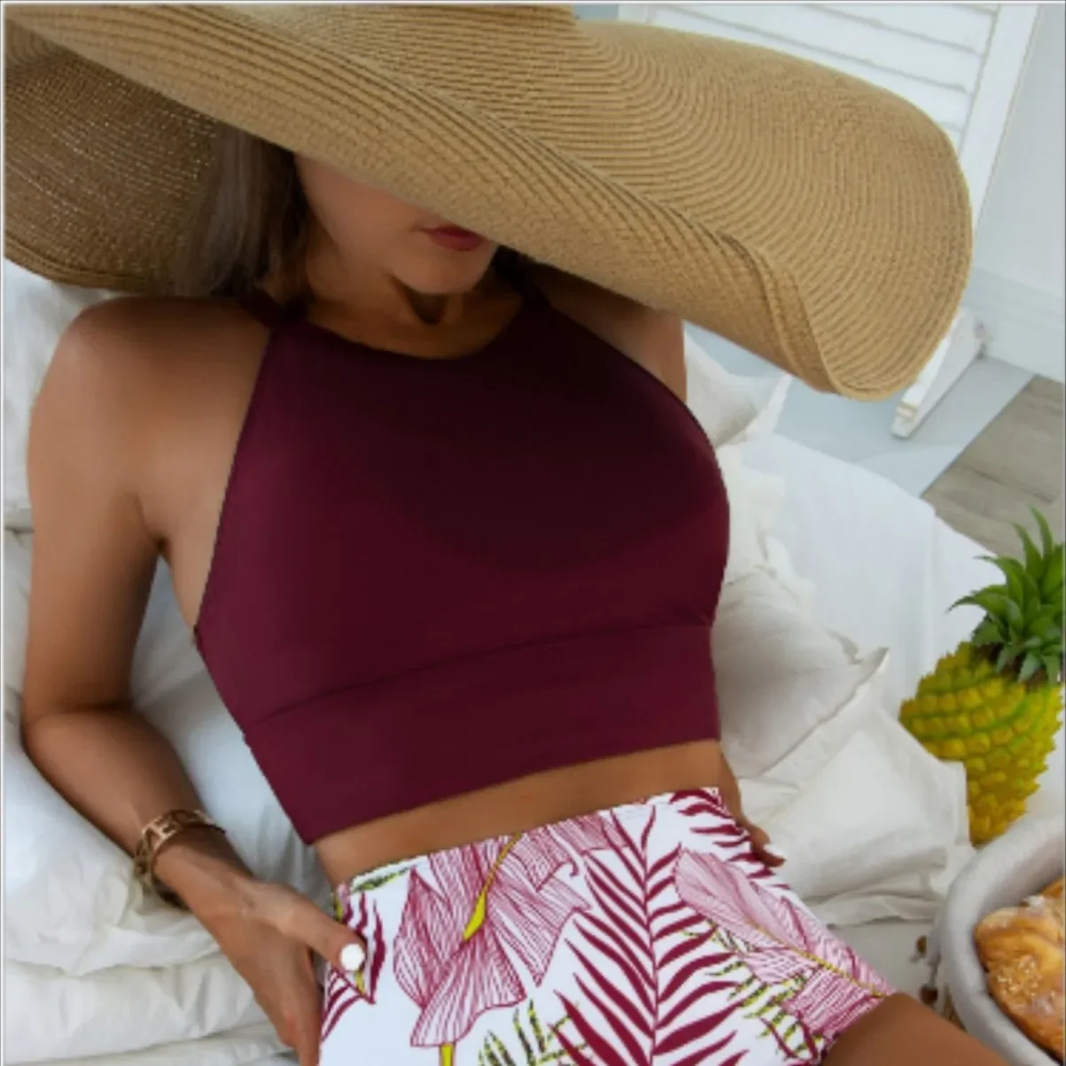 Nylon Pure Kleur Sexy Bikini Badpak Hoge Taille Panty Tweedelige Set Zwemkostuum Damesmode Badmode Tankini