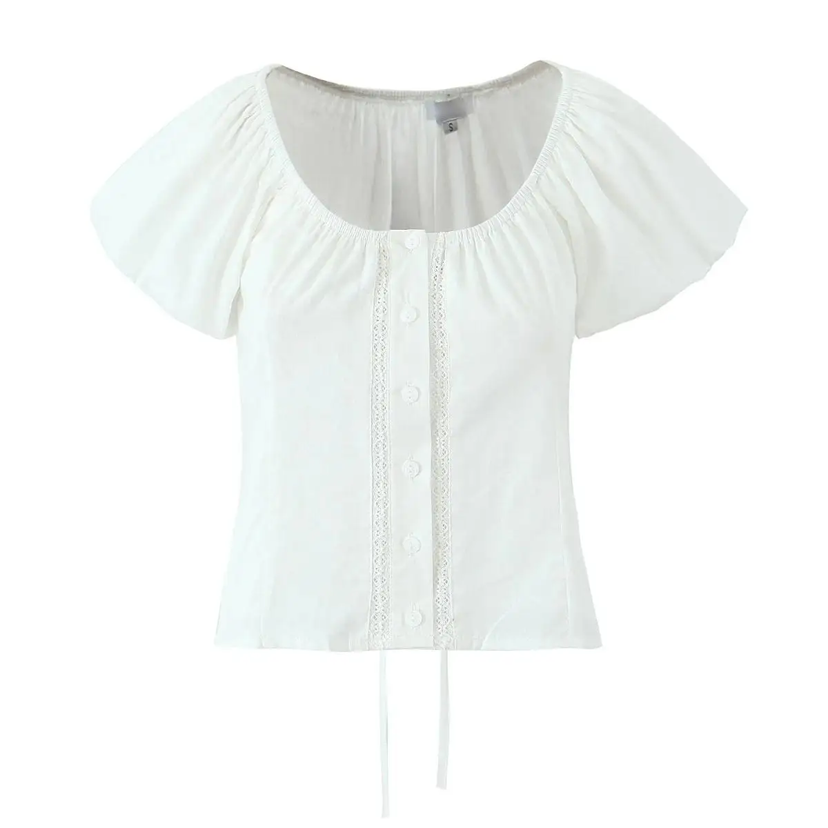 เสื้อผู้หญิงคอลเลคชั่นฤดูใบไม้ผลิใหม่ล่าสุด แต่งลูกไม้ แขนตุ๊กตา คอกลมต่ำ สไตล์ลำลอง ผ้าโพลีเอสเตอร์ 00%