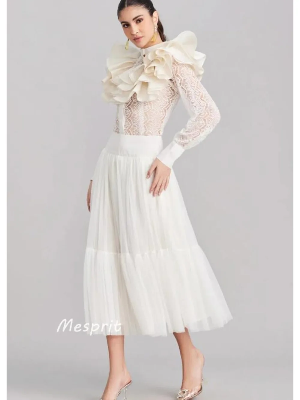 Mesprit Modern Style High collar A-line Lace Draped Pleat Ruched Ankle-Length Tulle Bespoke Occasion Dresses Prom 