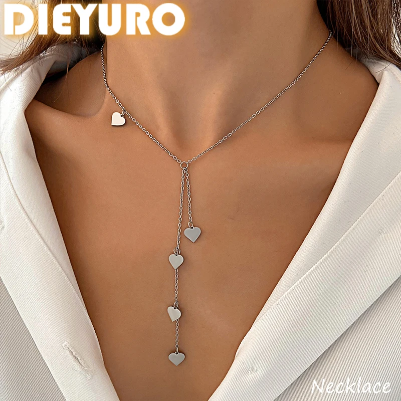 DIEYURO 316L Stainless Steel Classic Heart Tassel Long Necklace Lady Personalized Niche Non fitting Sweater Chain Jewelry
