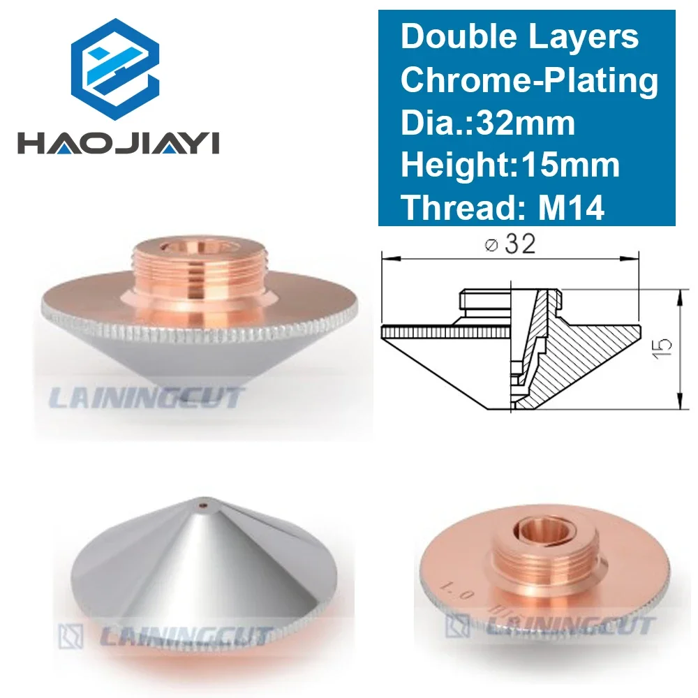 

Двухслойная Лазерная насадка HAOJIAYI OEM диаметром 32 мм, калибр H15 M14 0,8-4,0 для волоконного лазера Precitec 1064 нм, режущая головка