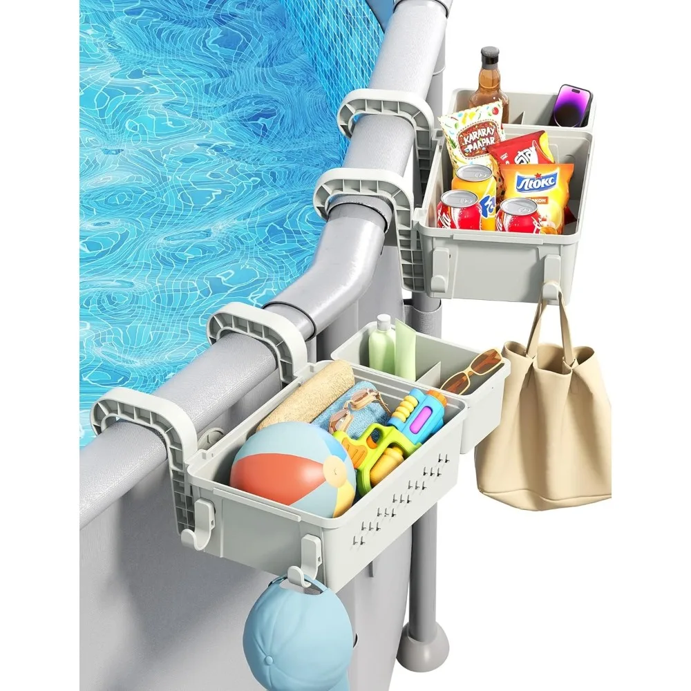 

Poolside Storage Basket with Pool Cup Holder, Thickened Plastic Pool Basket for Above Ground Pool Accessories, Outdoor Swimming