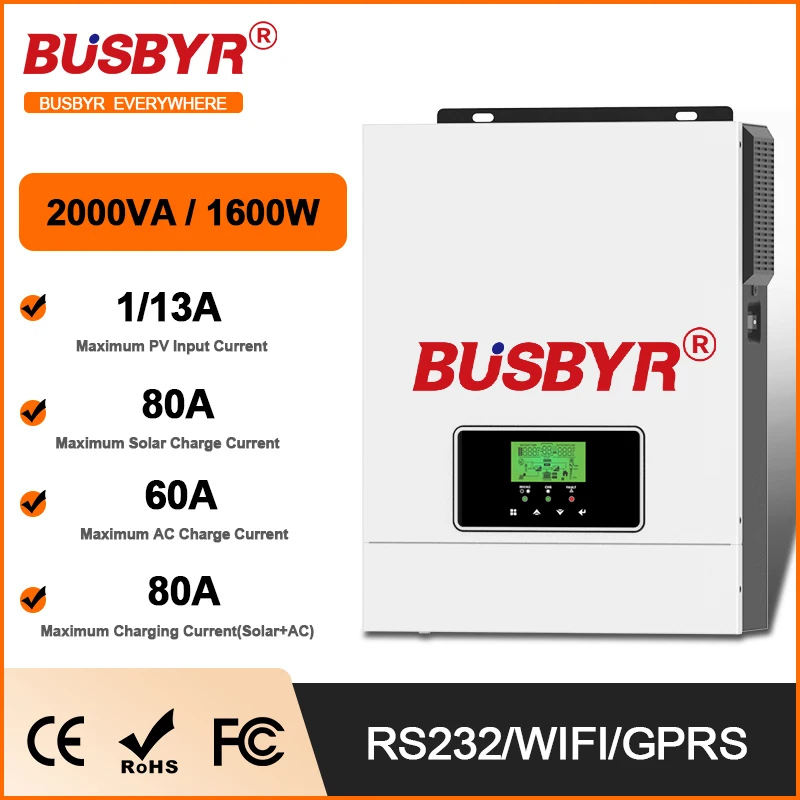 

Busbyr 1600W 12V 220V Off Grid Pure Sine Inverter 2000VA Build in 80A MPPT Solar Charge Controller Hybrid Solar Inverter Max PV