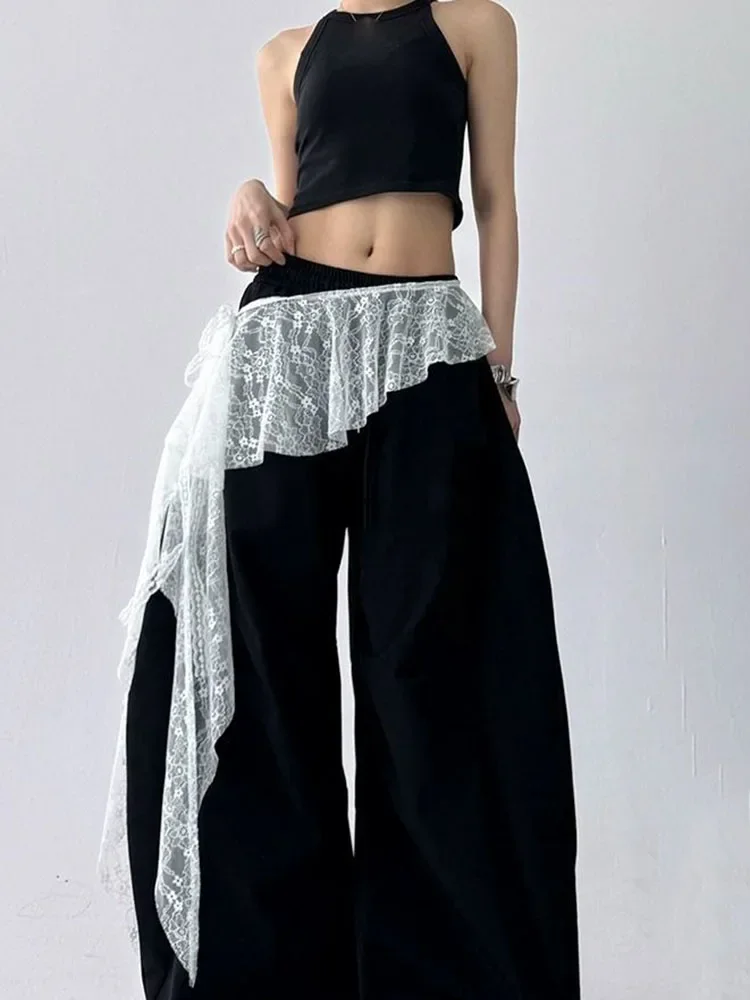 청바지 바지 장식 자수 꽃 레이스 미니 스커트 불규칙 시스루 주름 스커트 하이웨이스트 하라주쿠 플리츠 스커트