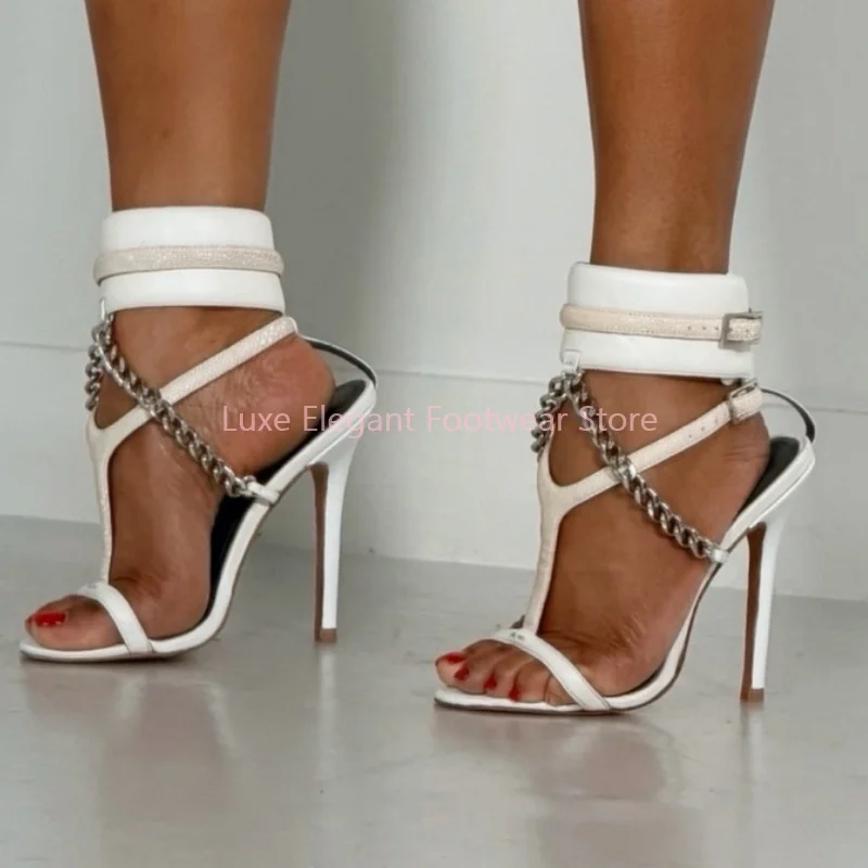 White Chain Decor T-Tied Hollow Thin High Heels Women Peep Toe Belt Buckle Leather Sandals Sexy Elegant Party Catwalk Shoes New image 5