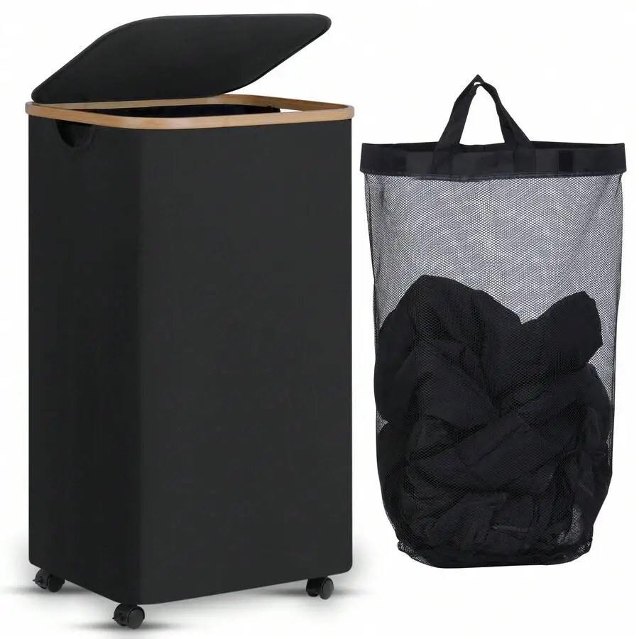 

1pc Laundry Basket With Wheels, 100L Laundry Hamper With Lid & Removable Laundy Bag, Waterproof Large Laundry Hamper With Wheels