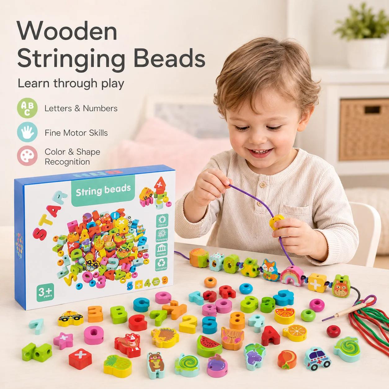 Wooden Alphabet Number Stringing Beads Toy, 100Pcs Montessori Lacing Beads For Toddlers, Fine Motor Skills, Color Shape Learning