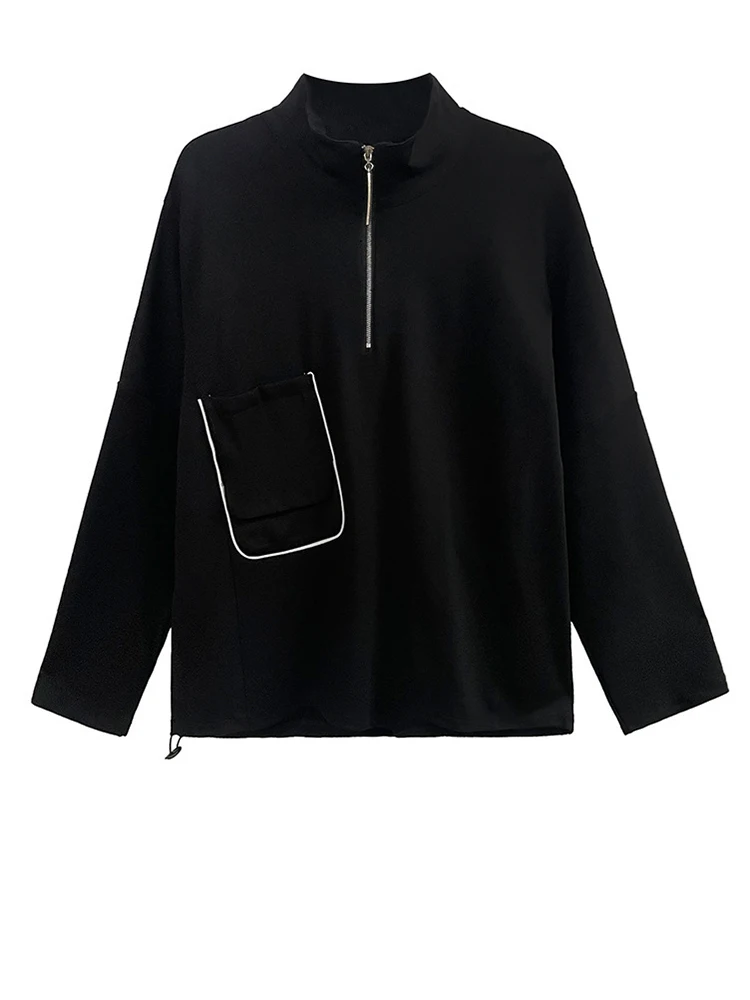 [EAM] Black Zipper Irregular Pocket Sweatshirt New Turtleneck Long Sleeve Women Big Size Fashion Tide Spring Autumn 2023 1DH7647