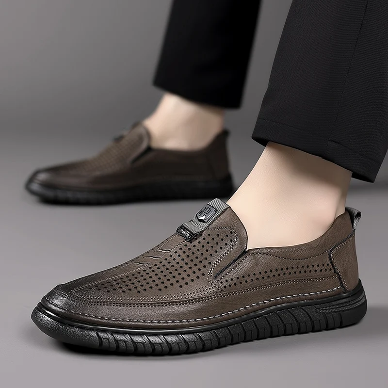 Summer White Perforated Leather Shoes Mens Slip on Shoes Genuine Leather Male Comfortable Casual Shoes Male Comfortable Loafers