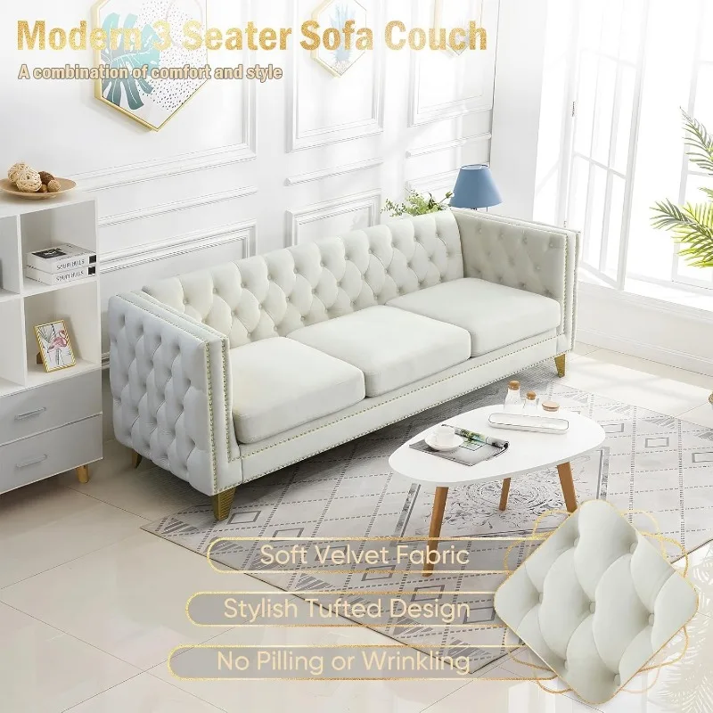 80.5-Inch Velvet 3 Seater Sofa Couch, Comfy Couches for Living Room, Modern Sofa with Tufted Back and Rivet Decoration