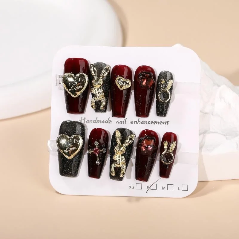 

Nails Set Press On Pure Handmade Wearable Nails Love Butterfly Fashion Fake Nails bear Black Write Blue Pink Accessories
