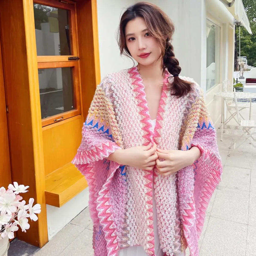 Boho Shawl With Fringes Ethnic Style Patchwork Color Women Scarf Autumn Winter Holiday Colorful Striped Shawl