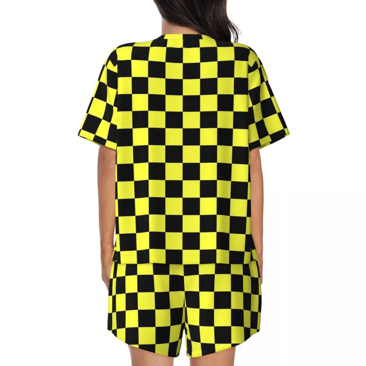 Vintage Check Print Pajamas Short Sleeves Black And Yellow Two Piece Casual Pajamas Set Summer Women O Neck Romantic Sleepwear