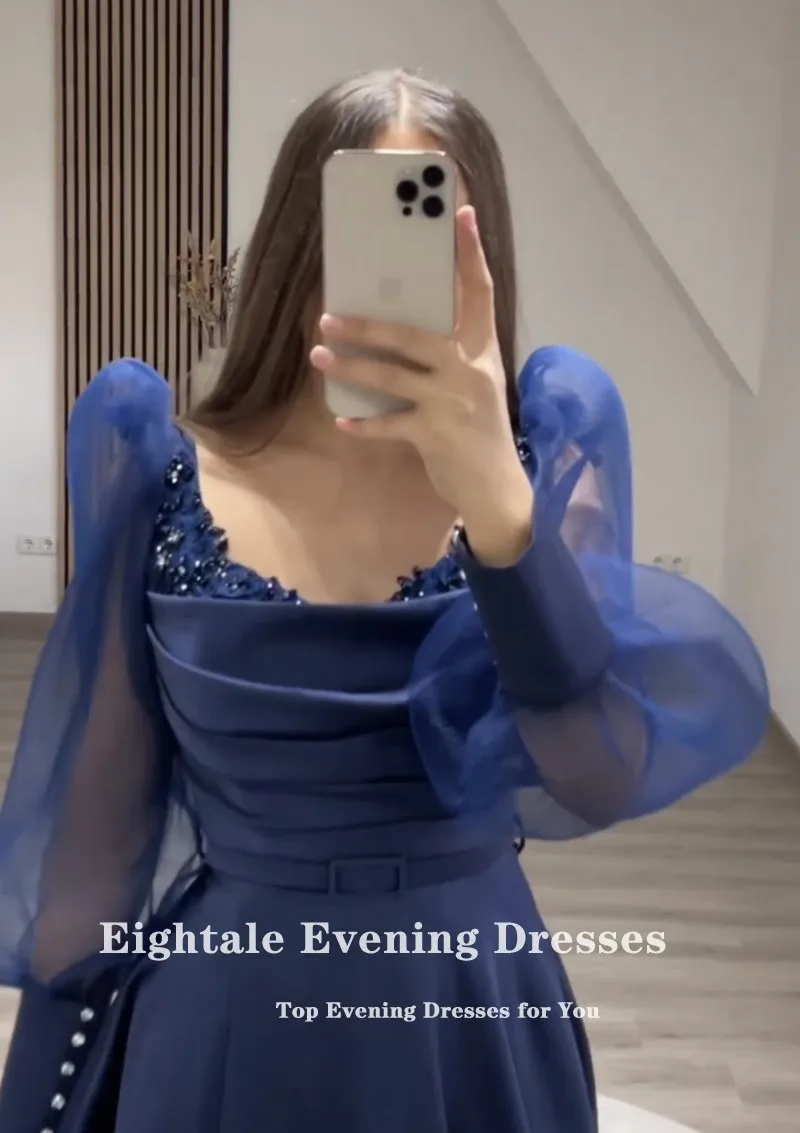 Eightale Navy Blue Prom Dresses for Wedding Satin Customized Long Sleeve Evening Gowns Appliques Beaded Arabic Party Dress