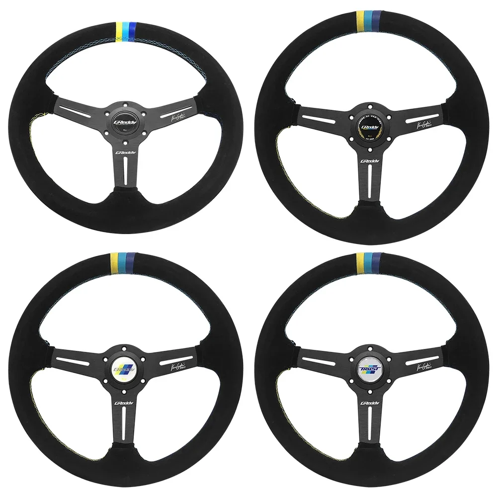 Universal JDM GReddy Peau Mat Sports Steering Wheel Racing Black Leather Black Spokes 350 mm For Car Styling