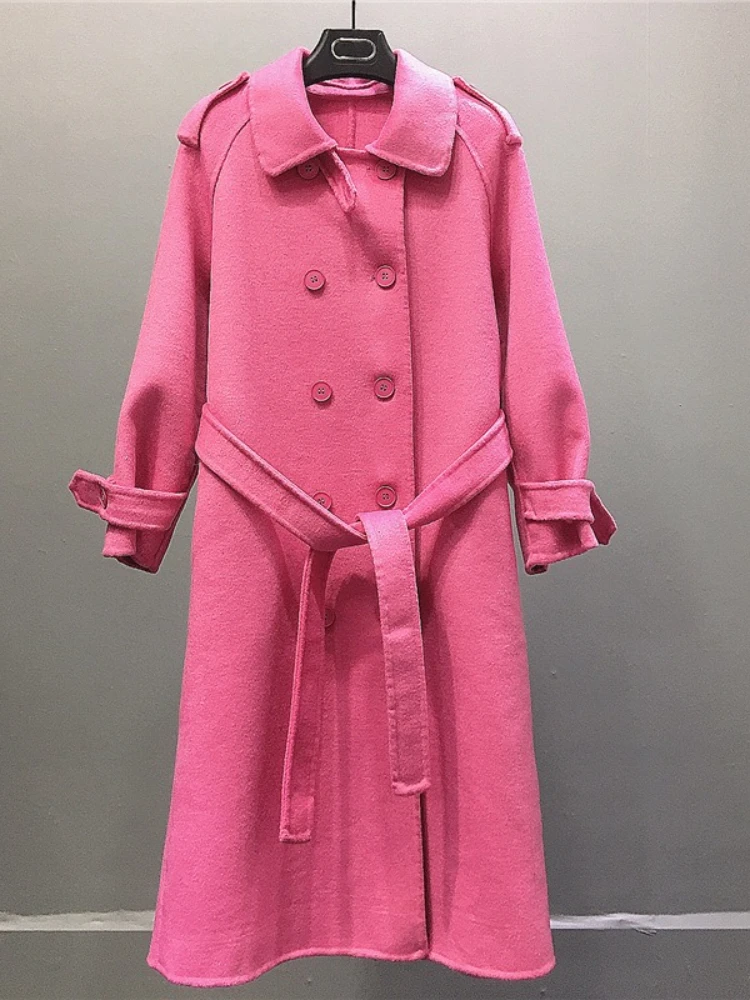 

Сплошное цветное шерстяное пальто с лацканами, ветровка средней длины, женская свободная куртка, новинка зимы 2025 года, шикарное женское двустороннее кашемировое пальто