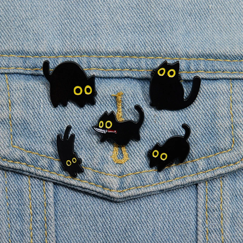 Black Cat with Knife Enamel Pins Cartoon Animal Kitten Brooches Lapel Badge Decorative Jewelry Backpack Clothing Pins Gift