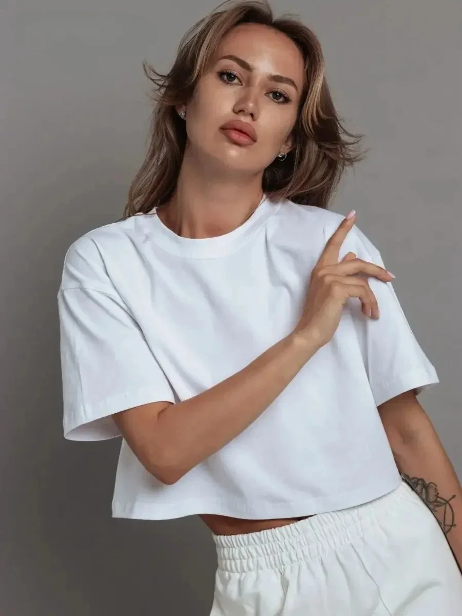 

Bronladies New 100% Cotton Short T Shirt Women's Y2k Summer Basic Vintage Tees Casual Loose Chic O Neck Female Crop Tops