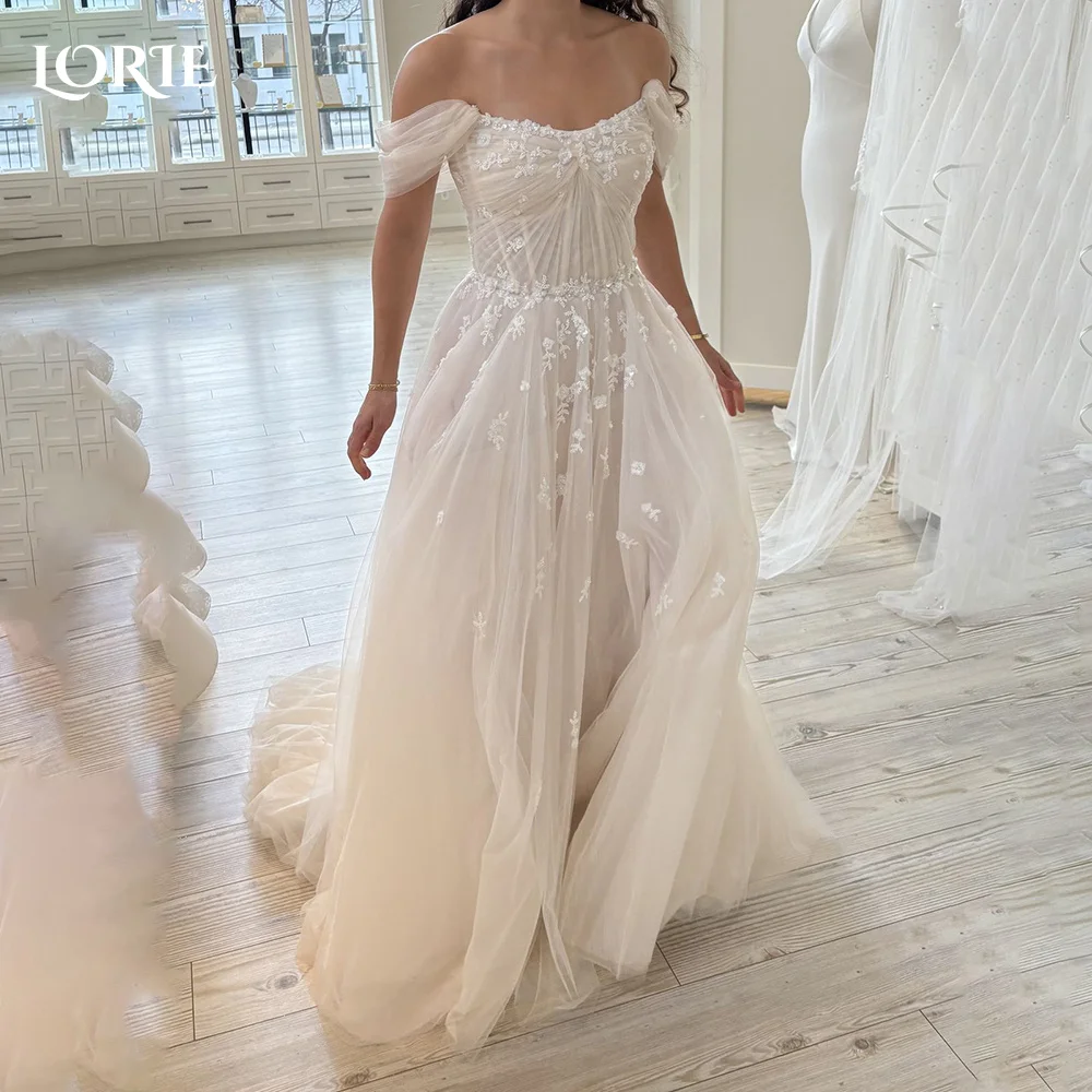 

LORIE Lace Wedding Dress 3D Flower Off Shoulder Appliques A Line Sweetheart Bride Bridal Dress Backless Customized Boho Dresses