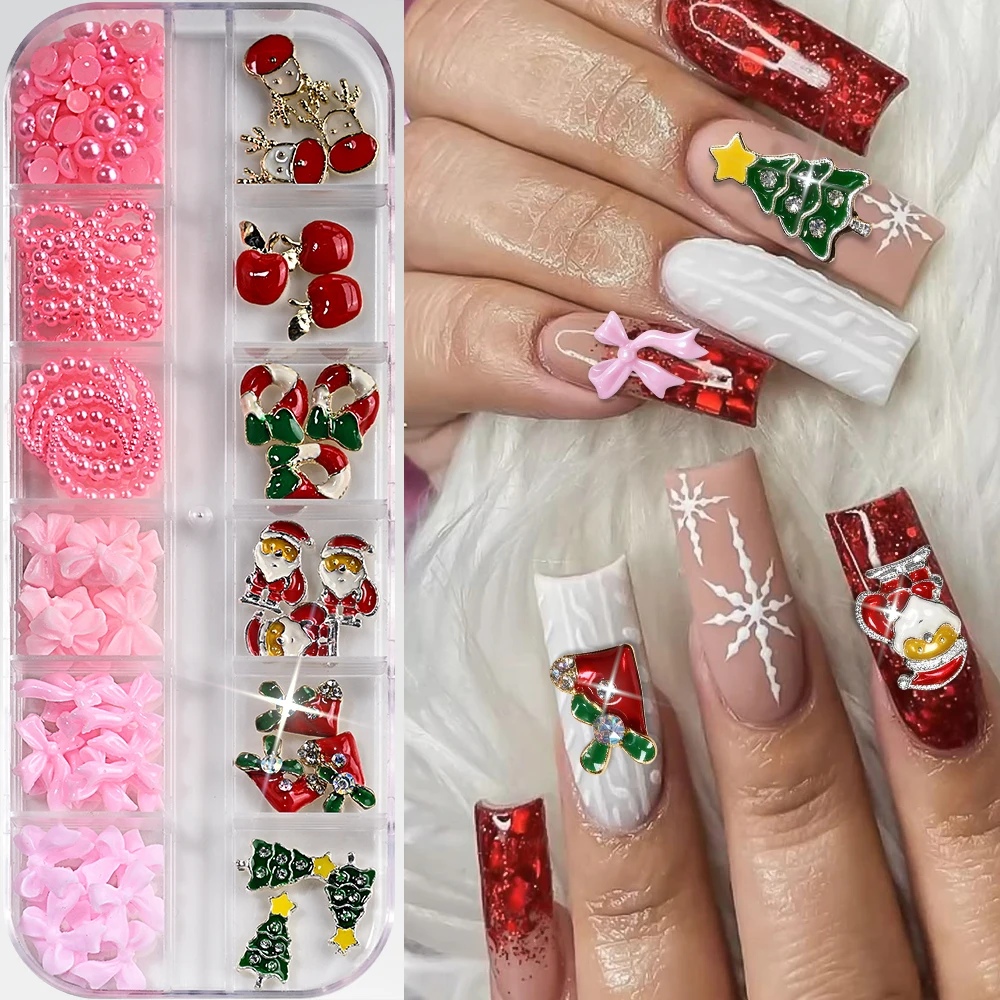 ชุดตกแต่งเล็บลายคริสต์มาส 12 ชิ้น รูปซานตาคลอส/แอปเปิ้ล/กวางเรนเดียร์ ทำจากโลหะผสมเคลือบเงา พร้อมไข่มุกสีชมพูและโบว์ริบบิ้น สำหรับตกแต่งเล็บ DIY ช่วงเทศกาลคริสต์มาส