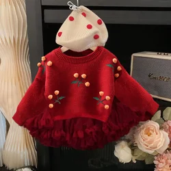 Children clothing girl  sweater pullover 2023 autumn winter new westernized Korean version knitted cherry knit baby fluffy skirt