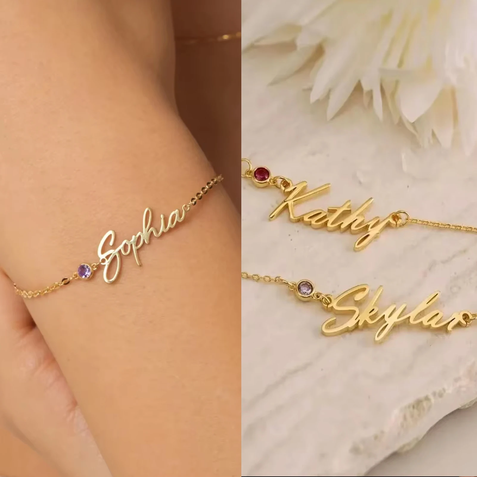 Lemegeton Personalized Birthstone Bracelet Custom Dainty Name Pendant Stainless Steel Jewelry for Women Mama Mom Birthday Gifts