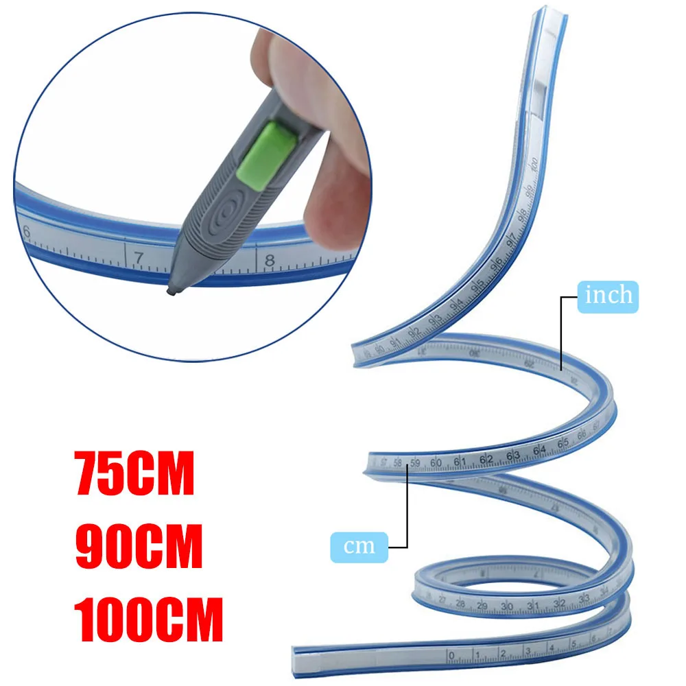 75/90/100CM Flexible Curve Ruler Drafting Drawing Tool Serpentine Plastic School Office Supplies CM and INCH Scale Rule Sewing