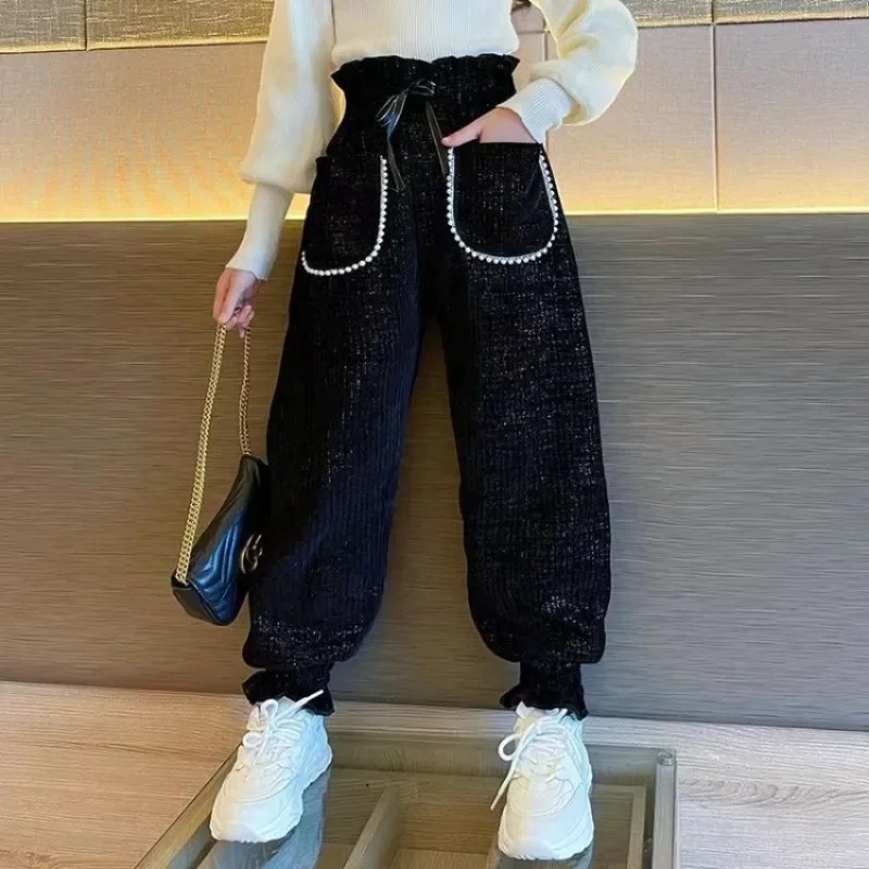 Thermal Fleece-Lined Winter Girls' Pants Thickened Outdoor Wear, Loose-Fitting Cuffed Jogger Pants for Tween Girls (8-14 Years)