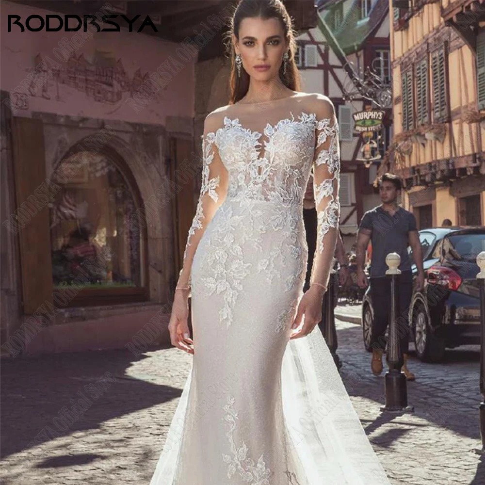 RODRSYA Sirena Pizzo Abiti da sposa Maniche Lunghe Illusion Back Abiti da spRODDRSYA abiti da sposa in pizzo a sirena maniche lunghe Illusion Back abiti da sposa Applique in pizzo Scoop Tulle robe de mariée 2024 civile