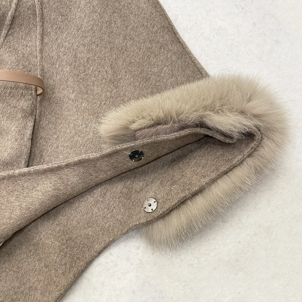 معطف صوف أسترالي 90% على الوجهين عباءة للنساء بياقة من فرو الثعلب الطبيعي وحزام للسيدات متوسط الطول ملابس خارجية من الصوف الدافئ #6