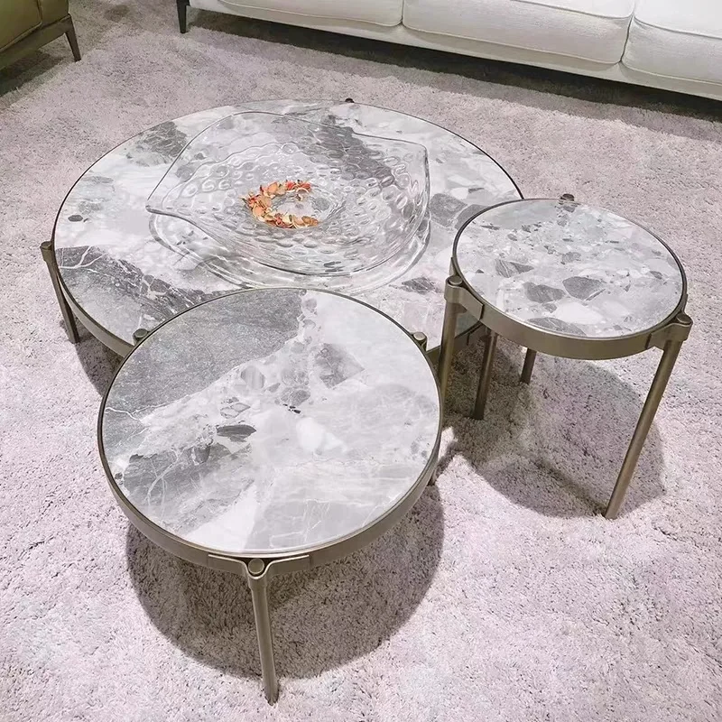 

Modern Center Metal Frame Rose Gold Stainless Steel Natural Marble Coffee Table Set for Living Room