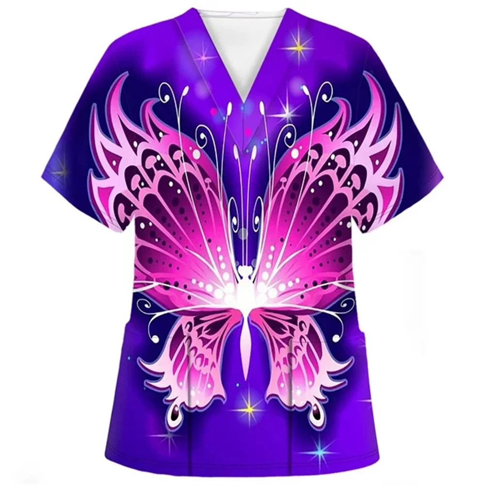 Medical Clothes Elegant Butterfly Print V-Neck Surgical Uniform Woman Short Sleeve Color Patch Pocket Top Clinical Uniform Woman