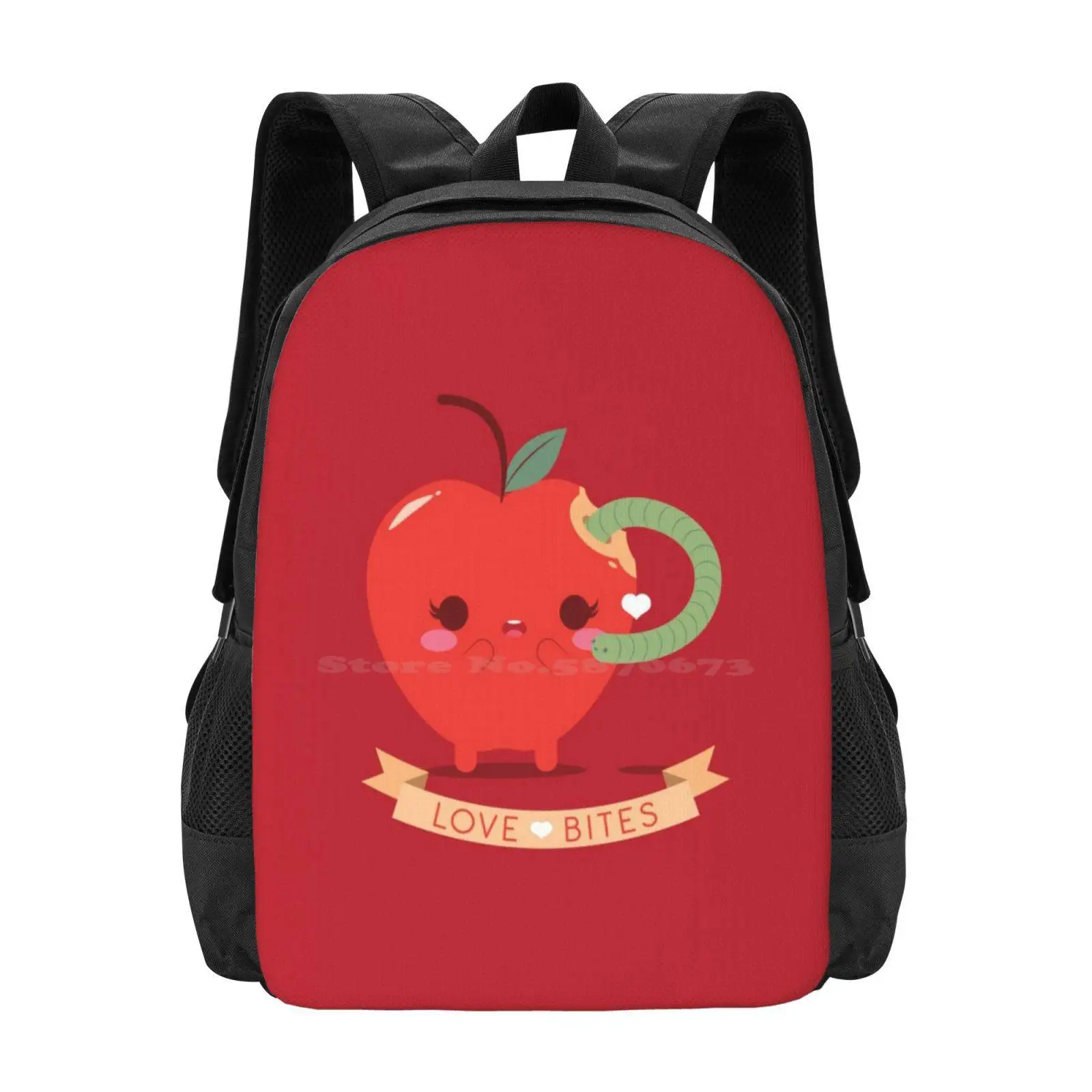 Love Bites Cute Apple Backpack, Kawaii Adorável Worm Worm na Apple, venda quente, bolsas de moda, mordidas