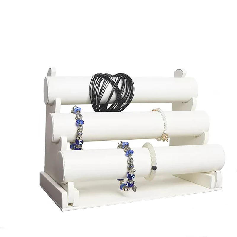 

3Layer Cream White PU Bracelet Chain Watch T-Bar Rack Jewelry Organizer Hard Display Stand Detachable Holder