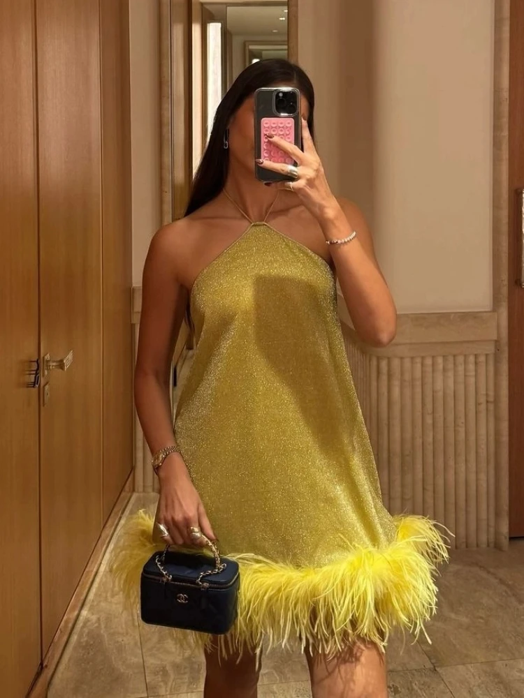 

Sequin Feather Patchwork Short Dress Women Sexy Halter Sleeveless Backless A-line Evening Party Dresses Charming Lady Beachwear