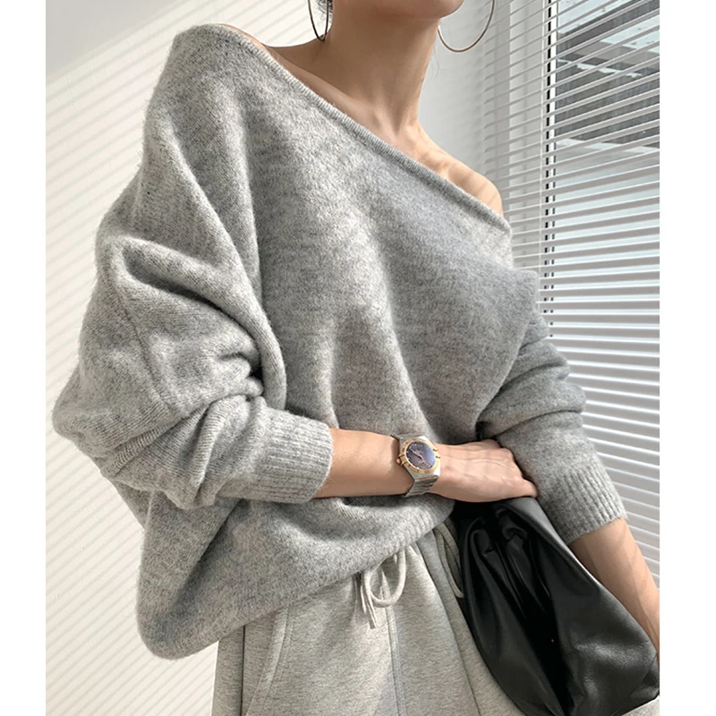 เก๋ไก๋ฤดูใบไม้ร่วงฤดูหนาวหลวมสบายๆสียาวเสื้อถักผู้หญิงไหล่เดียวออกแบบสบายเดินทาง Sle