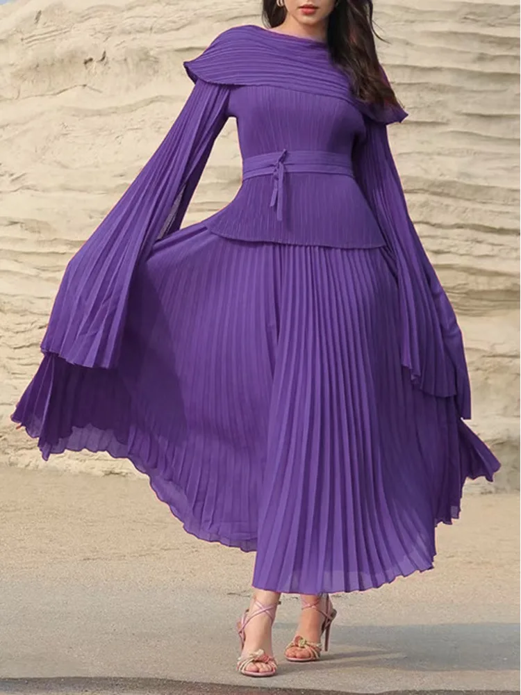 Fashion Designer Pleated 2 Piece Set Women Long Flare Sleeves Belt Gathered Waist + Long Skirt 2024 Autumn New Clothing