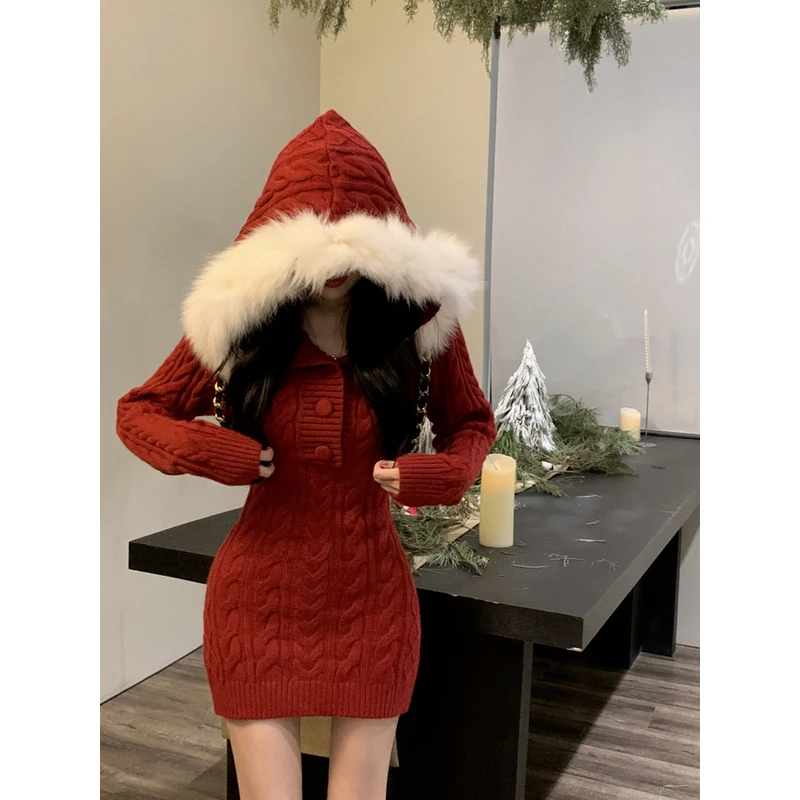 New Fashion Hooded Fur Collar Tight-fitting Dress 2026 Autumn/Winter Pure Desire Hot Girl Christmas Sexy Battle Dress for Women